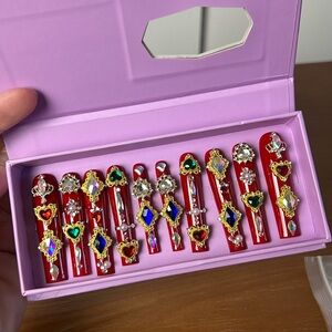 NWT Reusable Extra Long Handmade Press On Nail Long Ballet Red Square Diamond